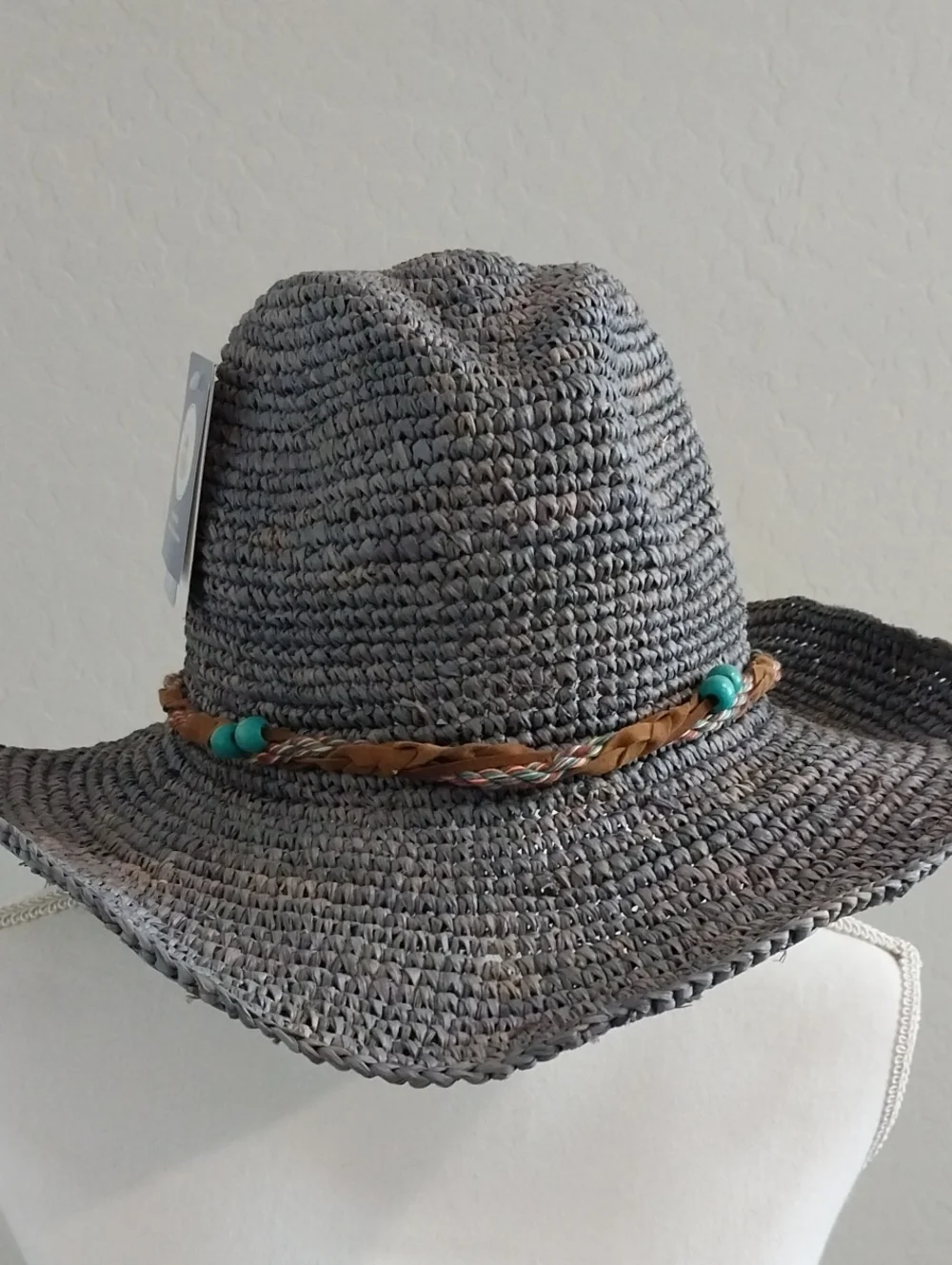 Wallaroo Gray Blue Braided-Bead Straw Sun Hat with Turquoise Accents NWT
